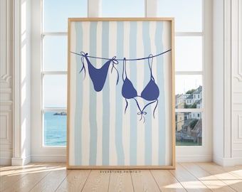 Summer Bikini Print | Coastal Aesthetic Poster, Beach Print, Bikini on Clothesline, Trendy Wall Art, Preppy Print, Beachy Wall Art