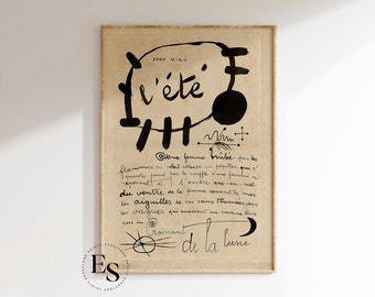 JOAN MIRO Imprimer | affiche d'exposition vintage L'été, Art mural beige noir, décor de croquis de ligne abstraite minimaliste moderne, idée de cadeau d'anniversaire