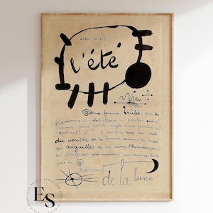 Impressão JOAN MIRO | Pôster de exposição L'été vintage, arte de parede bege preta, decoração de esboço de linha abstrata minimalista moderna, ideia de presente de aniversário