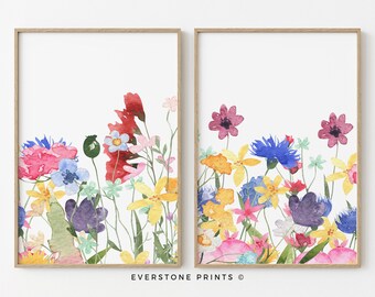 Set van 2 kleurrijke wilde bloemenprint | Heldere bloemenprints, botanische print, bloemenkunst aan de muur, aquarelprint, lentebloemen, afdrukbare kunst
