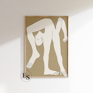 May include: A line drawing of a person in a contorted pose, with their head bent back and their legs stretched out, on a beige background.
