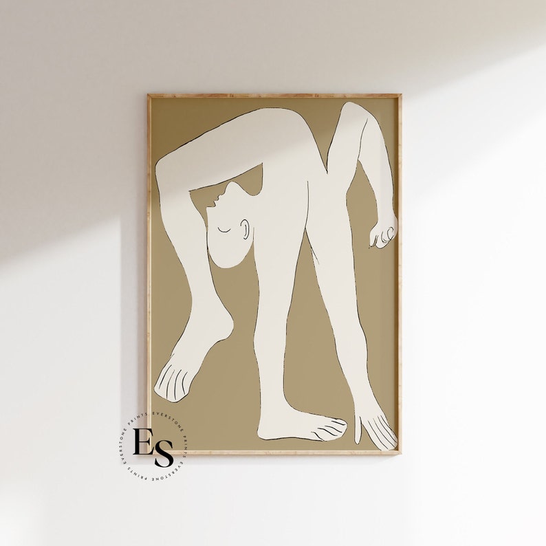 May include: A line drawing of a person in a contorted pose, with their head bent back and their legs stretched out, on a beige background.