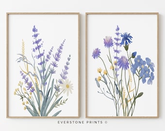 Set van 2 aquarel wilde bloemenkunst | Kleurrijke heldere bloemenprints, botanische print, bloemenmuurkunst, aquarelprint, afdrukbare kunst