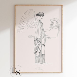 May include: A black and white line drawing of Iris, the Greek goddess of the rainbow, with wings and a helmet. The drawing is on a light pink background.