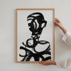 Arte com silhuetas figurativas abstratas | Impressão de parede minimalista em preto e branco, pintura abstrata contemporânea, arte figurativa simples