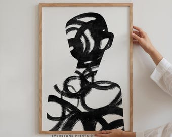 Abstract Figurative Silhouette Wall Art | Modern Black and White Printable Poster | Minimalist Figure Line Drawing Digital Download