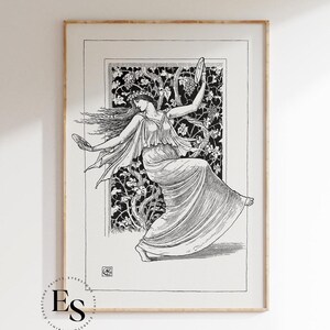 May include: Black and white line art print of a woman dancing with a tambourine. The woman is wearing a flowing gown and has long hair. The background is a detailed floral design.