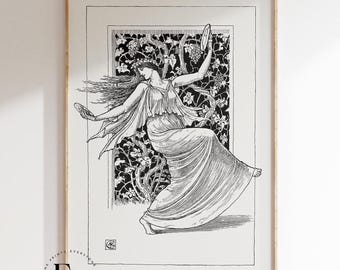 May include: Black and white line art print of a woman dancing with a tambourine. The woman is wearing a flowing gown and has long hair. The background is a detailed floral design.