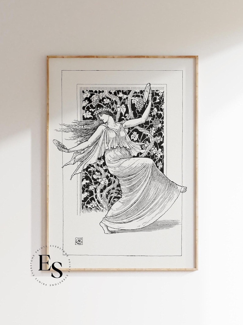 May include: Black and white line art print of a woman dancing with a tambourine. The woman is wearing a flowing gown and has long hair. The background is a detailed floral design.