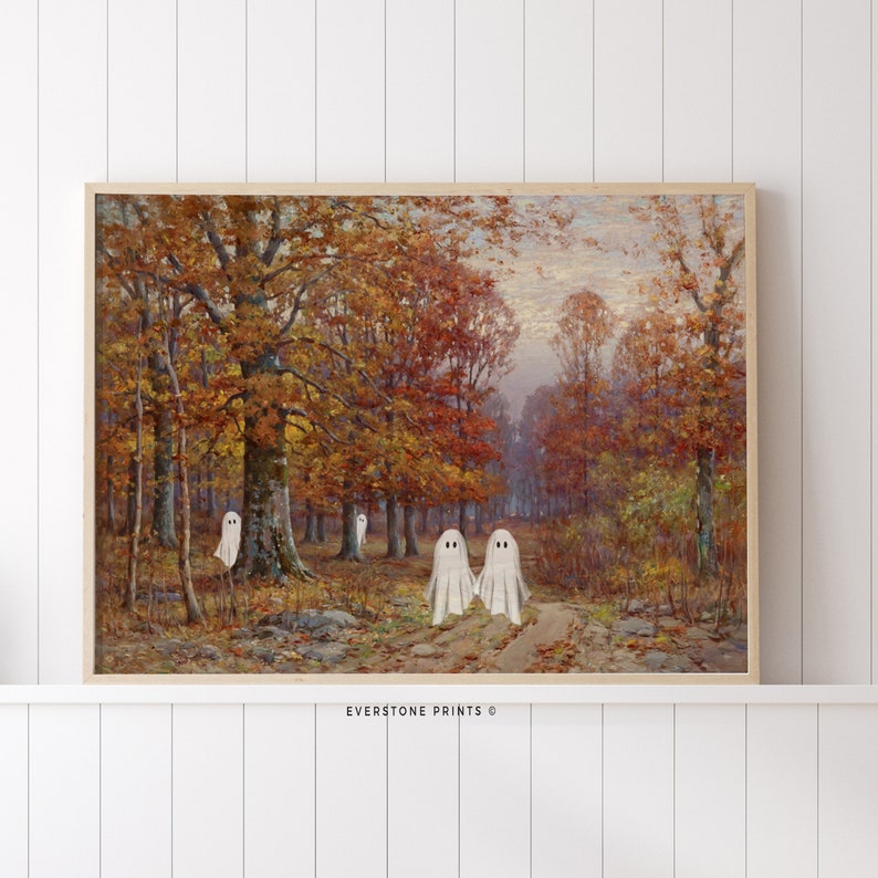 May include: A vintage-style painting of a forest scene with autumn leaves in shades of orange, yellow, and red.  Five white ghosts are walking on a path through the woods. The text "EVERSTONE PRINTS &copy;" is at the bottom of the image.