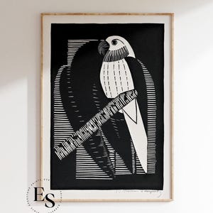 Póster vintage de aves / Samuel Jessurun de Mesquita, impresión botánica, reproducción de póster, arte mural retro, blanco y negro, arte de aves