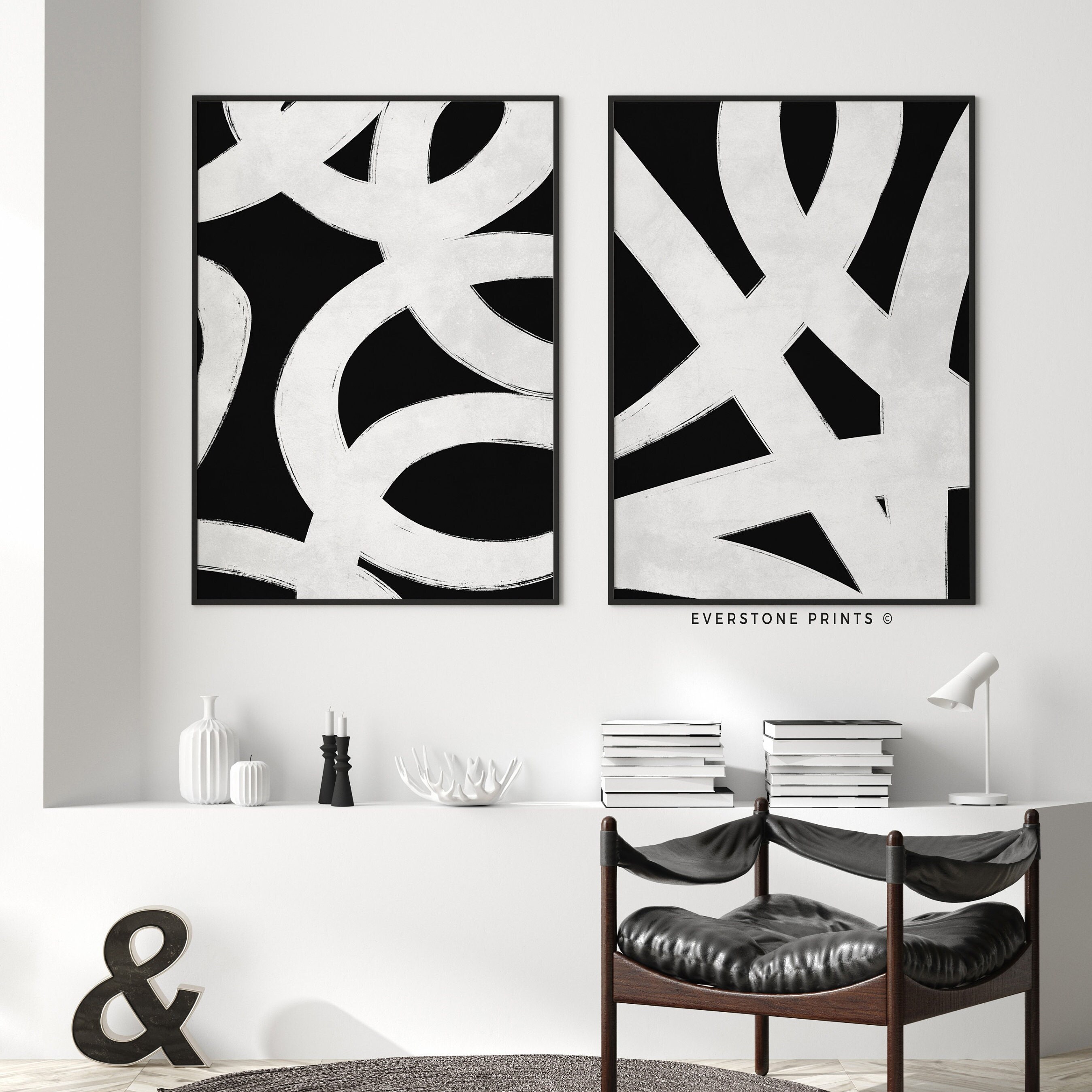 White Lines Set of 2 | Black White Abstract Art Print, Abstract Wall ...