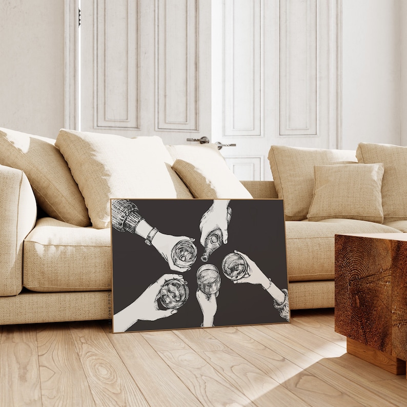 May include: Black and white illustration of five hands raising glasses in a toast. The hands are holding glasses of alcohol and a bottle of liquor.