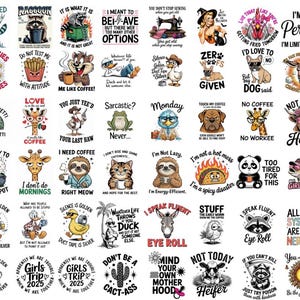 Può includere: Raccolta di design grafici rotondi con varie illustrazioni di animali e frasi umoristiche. I design includono una mucca, un procione, un bradipo, un cane e altro, con testi come "Not Today" e "I'm Not Perfect."