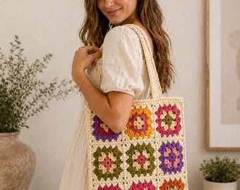 Paquete de patrones de bolsos de ganchillo en PDF, bolsos de mano con cuadrados de la abuela, bolsos de mano florales, regalo para ella. Patrones de bolsos de ganchillo para descarga digital instantánea.