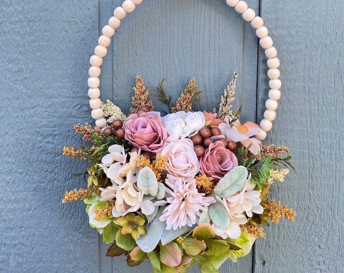 Wooden Beads hoop wreath/Spring/Country Farmhouse/Shabby Chic/ Indoors wreath