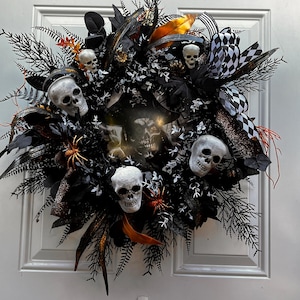 Gothic decor Halloween door wreath with sign/pirate welcome sign/black and white, spooky