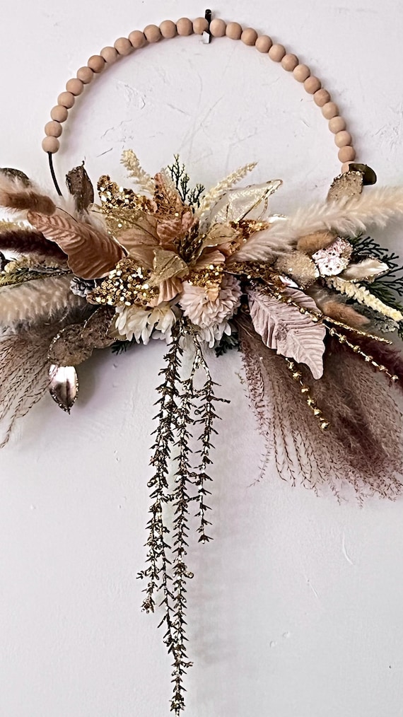 Bohemian indoor wreath boho glam wreath neutral colors-feathers and pampas grass gold glam streamers down center wooden beads hoop handmade.