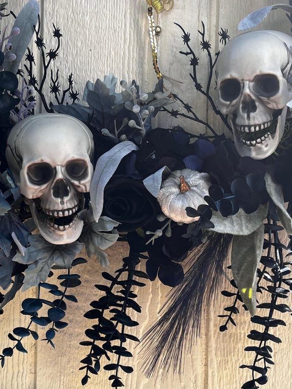 Door wreath trendy gothic style hangs indoor or outdoor handmade high quality materials 3 skull heads on 18" grapevine- one of a kind