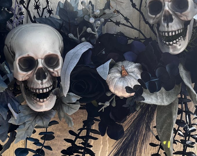 Door wreath trendy gothic style hangs indoor or outdoor handmade high quality materials 3 skull heads on 18" grapevine- one of a kind