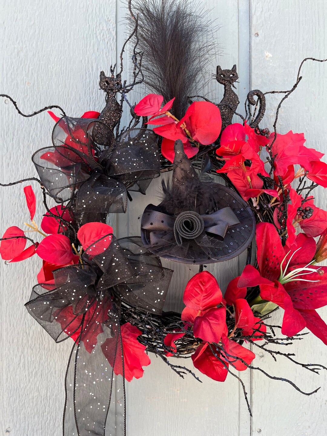 Black Catshalloween Wreath Black and Red Cat Etsy