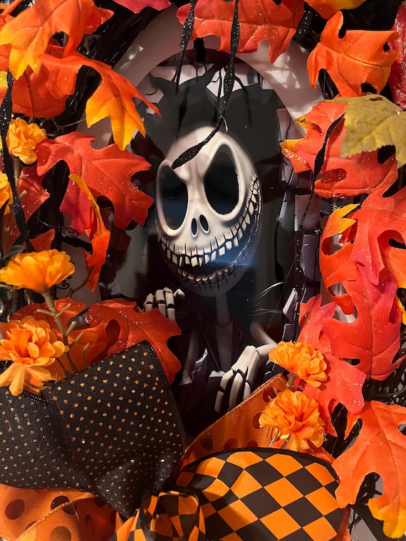 Door wreath gothic character jack skellington Nightmare Before Christmas trendy gothic wreath indoor or outdoor handmade (22"Hx20"Wx5"D)