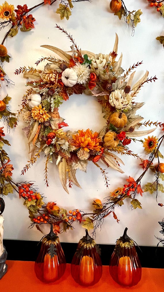 Autumn colors home decor front door wreath/measures 28"inches around 5"inches deep/velvet pumpkins/orange, beige, white leaves/Handmade.