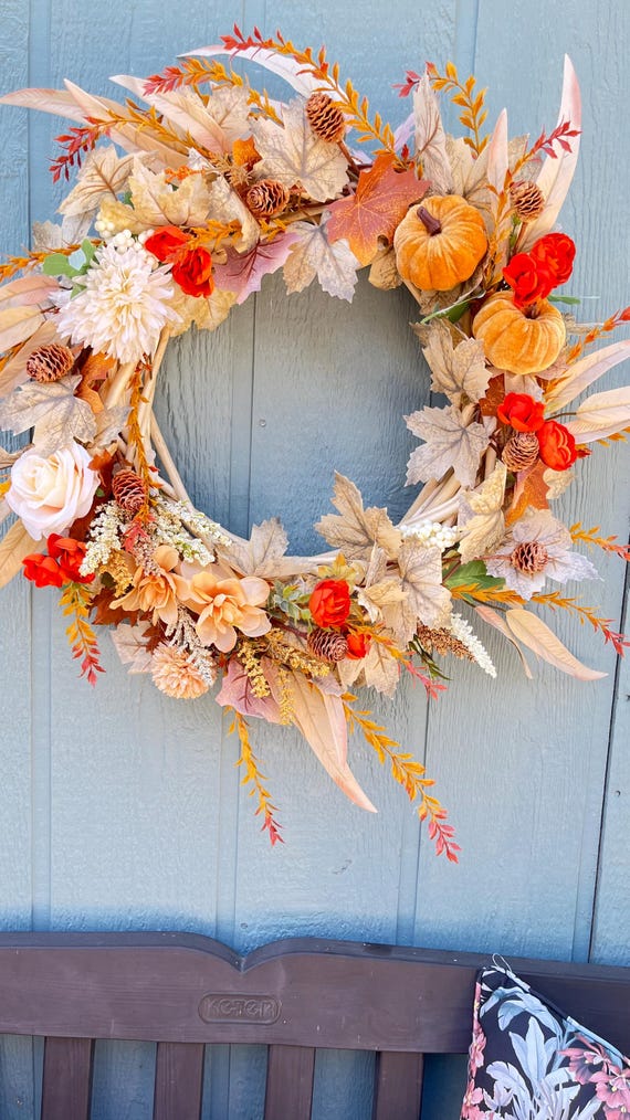 Summer Fall door wreath colorful leaves and velvet pumpkins