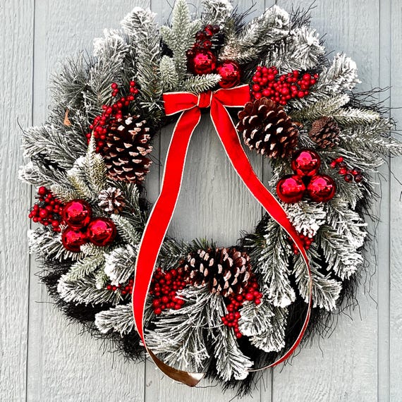 Flocked Christmas Wreath- red and gold ribbon- red ornaments- classic style-