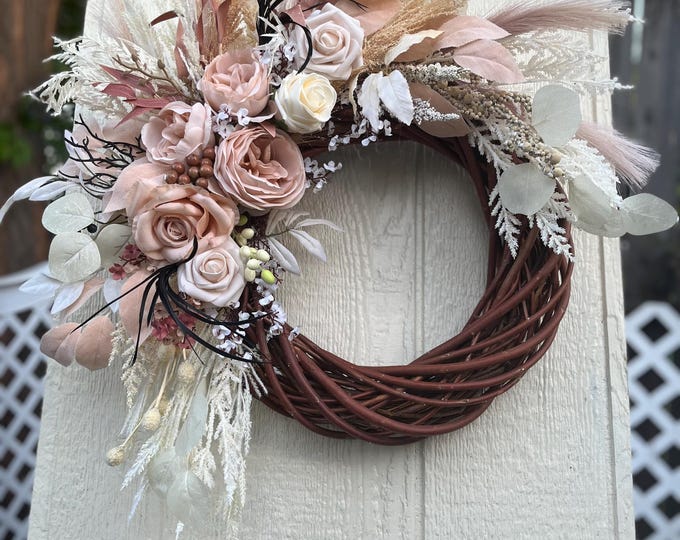 Summer Wreath, warm white cream neutral  colors, wedding, engagement party, everyday, summer party.