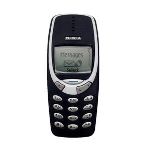 May include: A dark blue Nokia 3310 cell phone with a white trim. The screen displays "Messages" and "Select". The keypad has white numbers and letters. The phone has a classic, retro design.