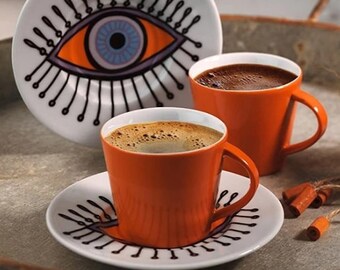 Duralex Set of 3 Orange Coffee / Espresso Cups and Saucers 