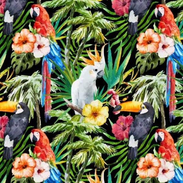 Tissu de jardin de la jungle en daim de luxe, feuilles de palmier, perroquet, fleurs, tissus colorés