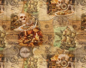 Tela de Mapas cortada a medida, tela de tapicería estampada Mapa Piratas