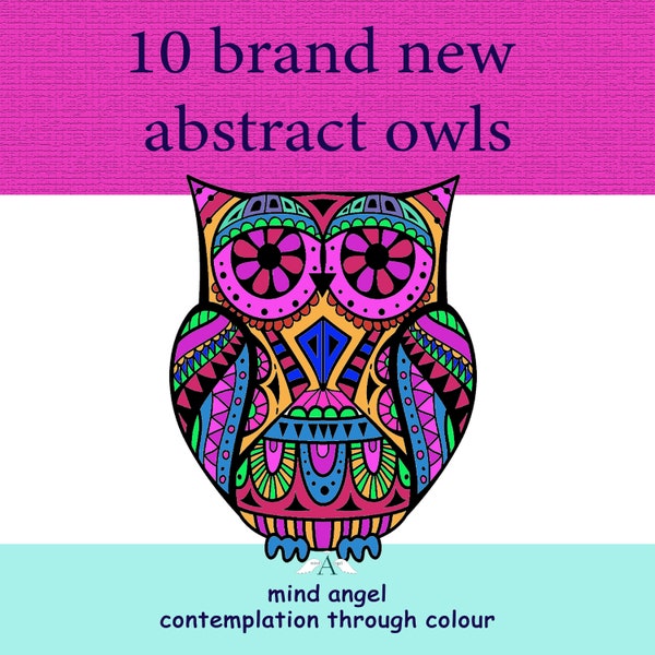 10 abstract owls Coloring pages Colouring Books instant pdf download, positive relaxation for adults and children relax focus color