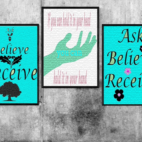 Ask Believe Receive Set of 3 Law of Attraction Art by MindAngel  to download, great for canvas, prints, frames and jpeg instant download