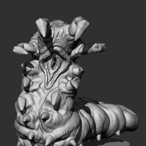 May include: A gray, detailed, 3D printed model of a creature with a segmented body, sharp claws, and a textured surface. The creature is posed with its claws raised, as if reaching out.