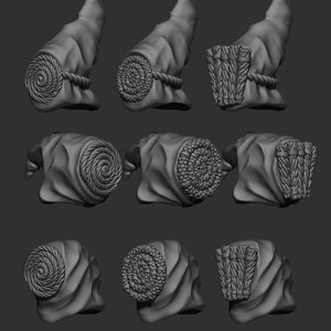 Puede incluir: Colección de sombreros grises renderizados en 3D, con una estética rústica y medieval. Cada sombrero tiene forma cónica con detalles de cuerda. Algunos sombreros presentan un diseño de cesta tejida.