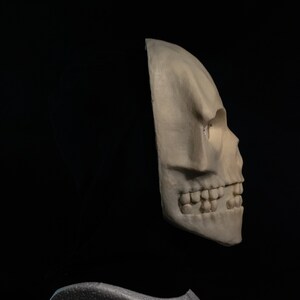 May include: A white skull mask with a black hood covering the back of the head. The skull is shown in profile, with the right side of the face visible. The mask has a detailed sculpt of the teeth and eye sockets.