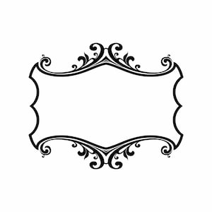 May include: A black decorative frame with a blank center. The frame has a rectangular shape with curved edges and ornate floral scrollwork at the top and bottom. The design is symmetrical and elegant.