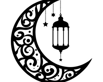 Ramadan Crescent Moon SVG | Islamic Lantern Cut File | Eid Mubarak Decor | Hanging Star Silhouette | Ornate Moon Wall Art | Digital Download