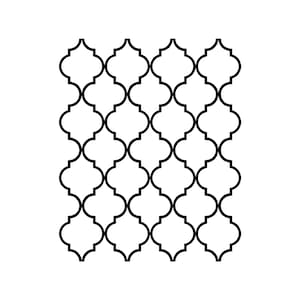 May include: A black and white geometric pattern with a repeating quatrefoil design. The pattern consists of interconnected, symmetrical shapes, creating a visually appealing and modern aesthetic. Suitable for home decor and textiles.