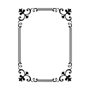 May include: A black rectangular frame with ornate corner designs and double vertical lines on the sides. The corners feature stylized floral and scrollwork patterns. The frame is set against a white background.
