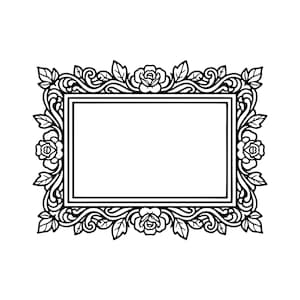 May include: Black and white rectangular frame with floral and leaf embellishments. The frame features roses at each corner and along the top and bottom edges. The inner rectangle is blank, providing space for text or an image.
