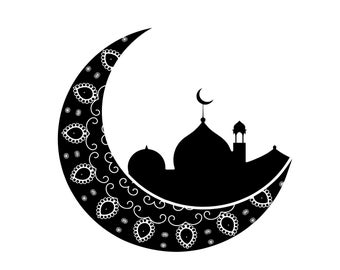 Moon with Mosque Silhuoette Downloadable SVG File for use on Stationery posters, wall decor and much more