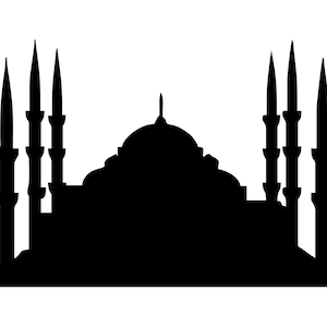 May include: A black silhouette of a mosque with a central dome and multiple minarets. The mosque's architectural details are clearly defined against a white background, showcasing its symmetrical design.