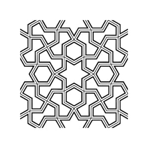 May include: Geometric black and white pattern featuring a repeating design of stars and hexagons. The symmetrical design is composed of thick black lines on a white background, creating a visually striking and intricate pattern.
