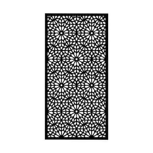 May include: Black decorative panel with a repeating floral pattern. The design features symmetrical, star-like flower shapes connected by intricate, geometric lines. The panel is rectangular and suitable for interior or exterior design.