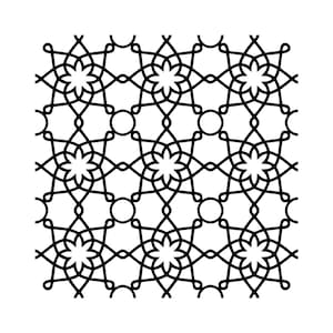 May include: Black and white geometric pattern featuring repeating floral and circular shapes. The design has a symmetrical arrangement of interconnected lines, creating a visually intricate and decorative motif. The pattern is set against a white background.