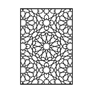 Puede incluir: Patrón geométrico negro con intrincados diseños de estrellas y líneas. La obra de arte simétrica está encerrada dentro de un marco rectangular, creando un patrón detallado. Adecuado para aplicaciones decorativas, el diseño es complejo y visualmente atractivo.